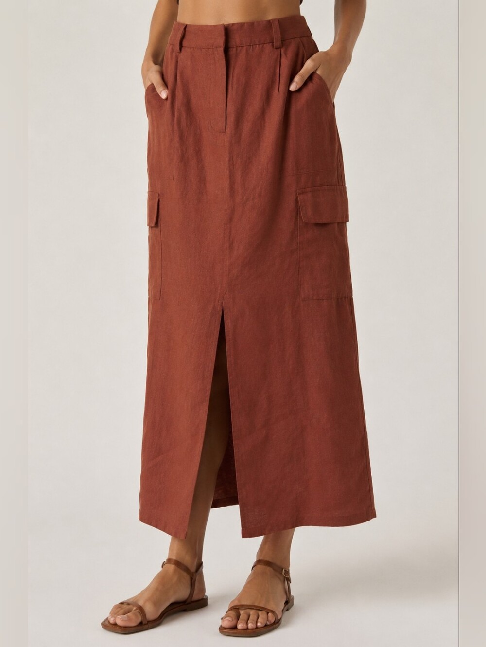 Magaschoni 100% Linen Cargo Midi Skirt Size 6 Rust Brown Utility Maxi Skirt